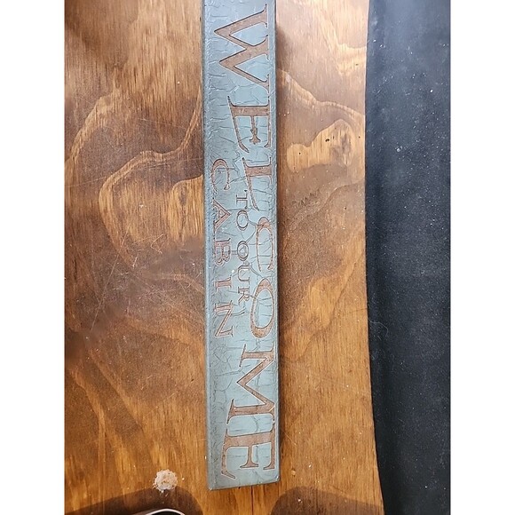 Welcome to Our Cabin Wood Sign Blue Brown Rustic Lodge Decor Wall Hanging - Picture 2 of 7